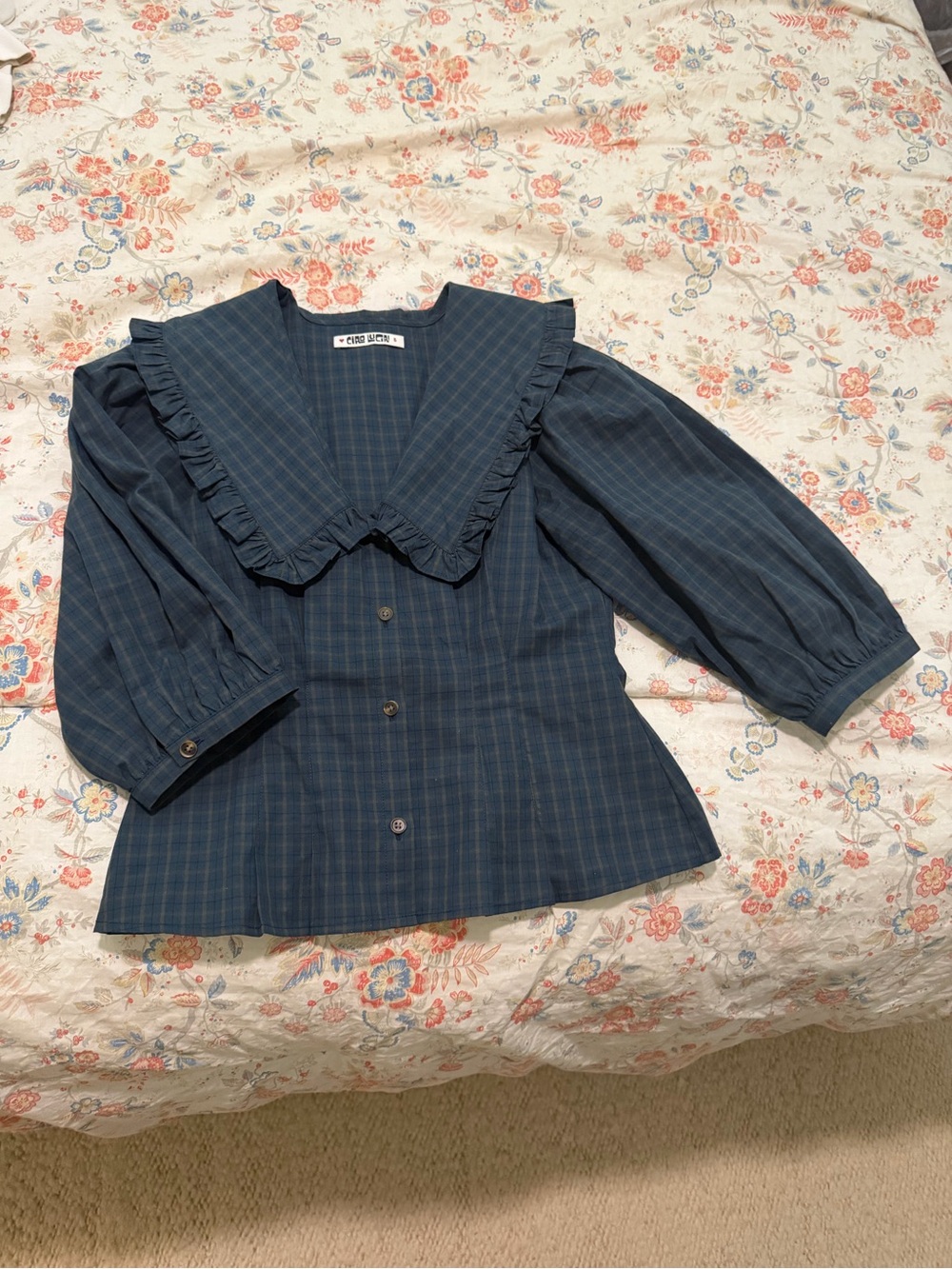 Ciao Lucia Navy Plaid Ruffle Collar Blouse